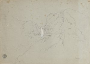 Dibujo. a. Boceto. Cascadas de Tequendama cerca de Bogotá, Colombia. b. Vista de cadenas montañosas distantes.